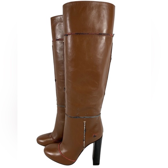 Authenticated Fendi Leather Knee-High Heeled Boots Brown Pink Soles EU 36 - Picture 2 of 16